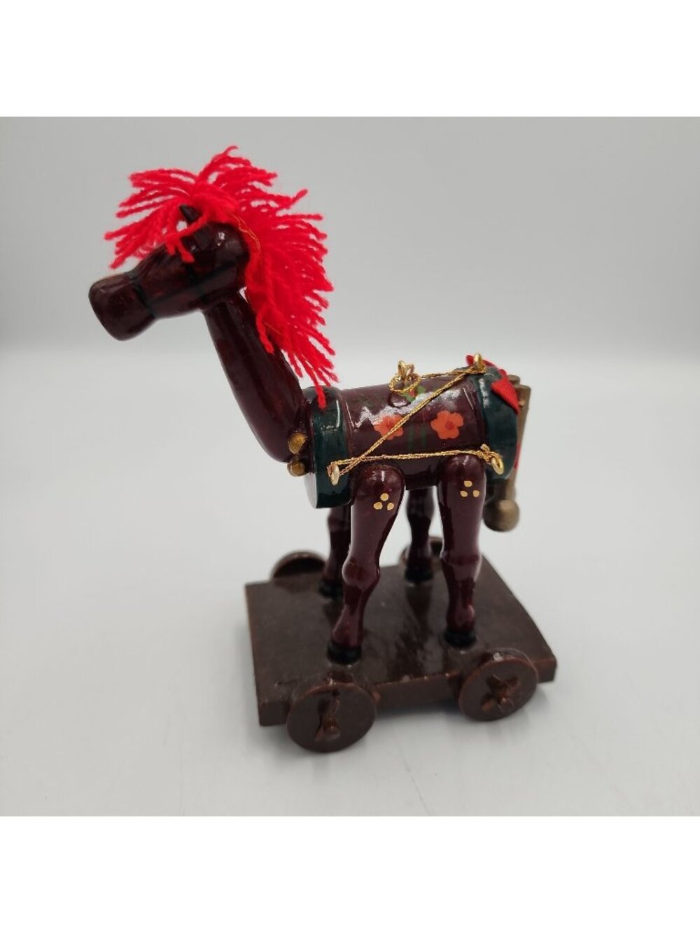 Vintage Wooden Horse Christmas Ornament Platform Drum Yellow Flowers 4.75" Tall